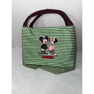Disney Mickey Minnie Mouse Insulated Lunch Bag Green White Striped Small Tote